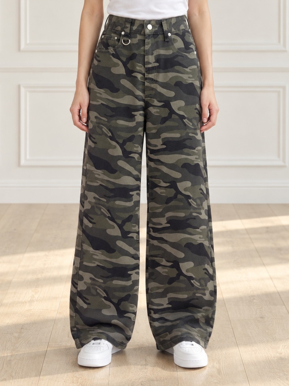 Bareline Wide Leg Jeans Medium Unisex Green Camo Cotton Baggy Skate Streetwear